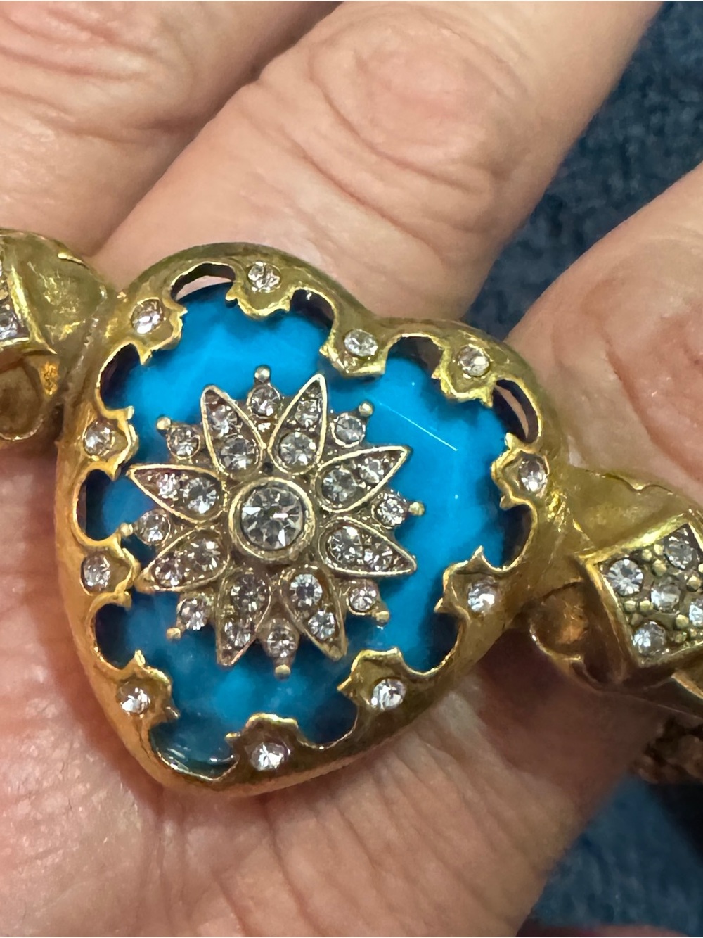 Gold-Tone Heart Bracelet with Bright Turquoise Enamel and Crystal Starburst